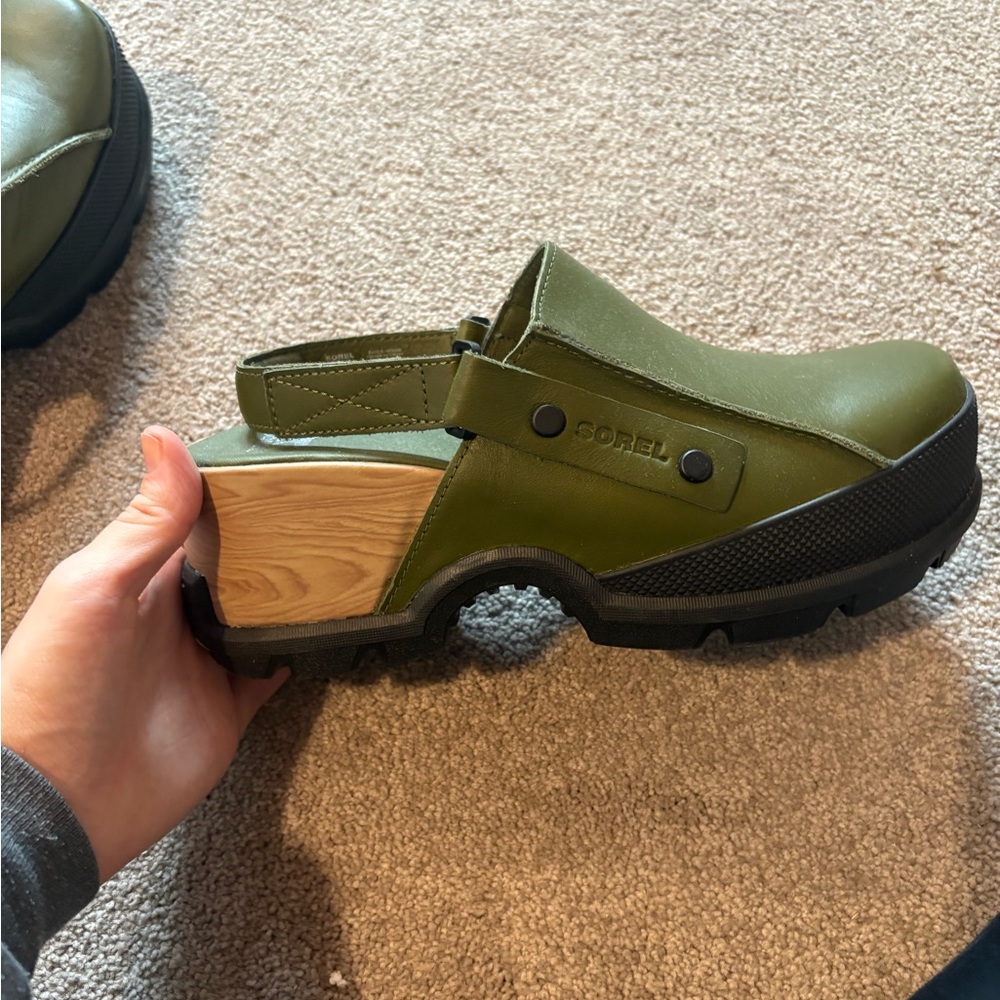 Sorel Olive Green Clogs with Wooden Heel